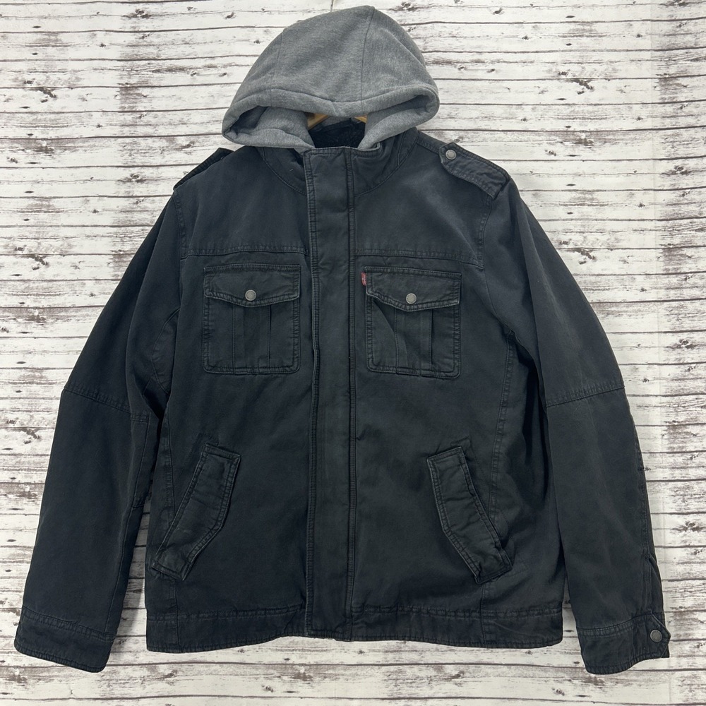 Levi's Jacket Mens Large Black Sherpa Lined Hooded Trucker Military Canvas
